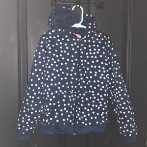 Blue hoodie with pink dots and fuzzy lining